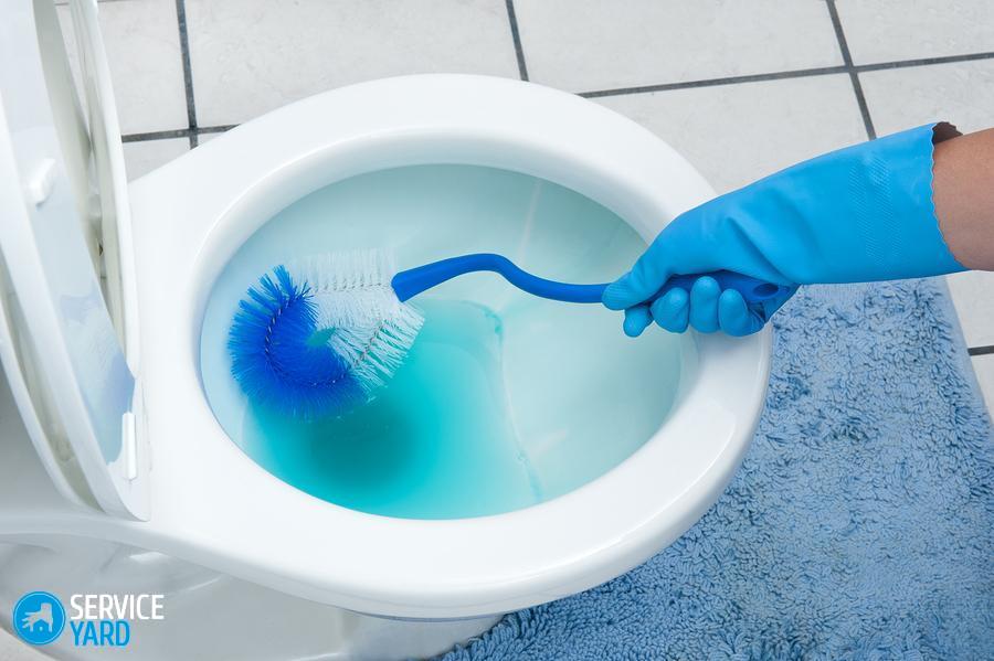En kvinna rengör en badrumtoalett med en skurborste.